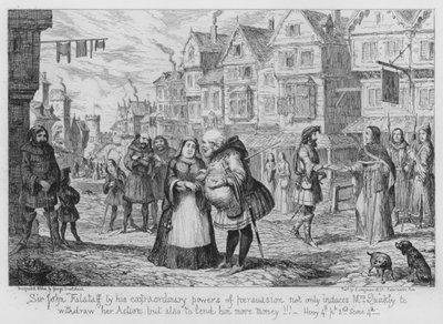 Sir John Falstaff, par ses pouvoirs de persuasion extraordinaires, non seulement convainc Mme Quickly de retirer son action mais aussi de lui prêter plus d